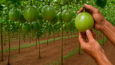 Mão no maracujá que está ainda no pé, com plantação de maracujá ao fundo