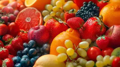 várias frutas diferentes juntas num cenário bem colorido