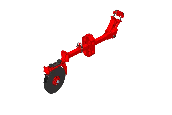Imagem renderizada da linha de plantio da semeadora mecânica ORIZA mostrando os componentes em ferro fundido.