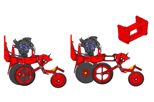 Desenho com vista lateral de duas linhas da PRIME, demonstrando as opções de montagem com o afastador.