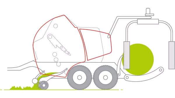 O sistema aprimorado de “garfo de carregamento duplo” proporciona uma transferência de fardos rápida e confiável