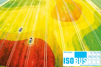 Desenho com vista superior de lavoura sobreposta ao mapa de aplicação e selo do sistema ISOBUS.